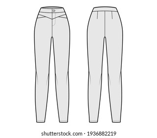 Yoked pants technical fashion illustration with normal waist, high rise, full length, fitted body. Flat casual bottom trousers apparel template front, back, grey color. Women men unisex CAD mockup