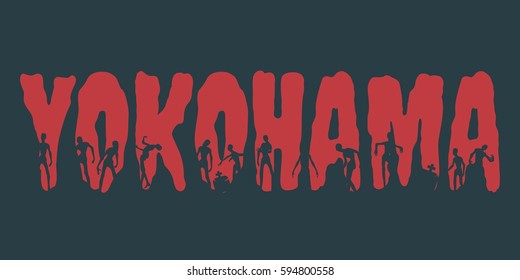 Yokohama city name and zombie silhouettes on them. Halloween theme background