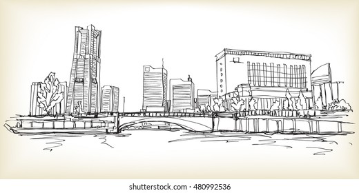 Yokohama City Scape In Japan Free Hand Drawing, Vector And Illustration