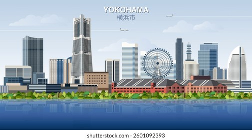 Yokohama city skyline on gradient beautiful day sky background. Vector illustration