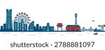 Yokohama Harbor Skyline Silhouette Vector Illustration. Translation: ChinaTown.