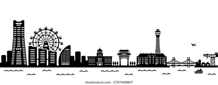 Yokohama Harbor Skyline Silhouette Vector Illustration. Translation: ChinaTown