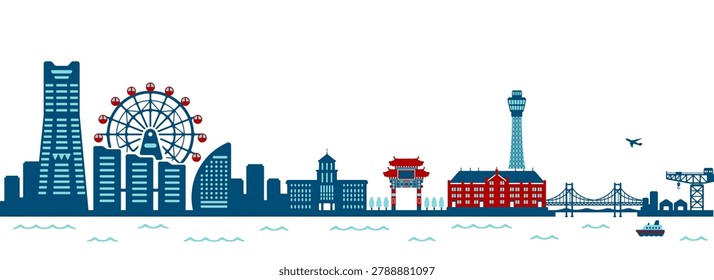 Yokohama Harbor Skyline Silhouette Vector Illustration. Translation: ChinaTown.