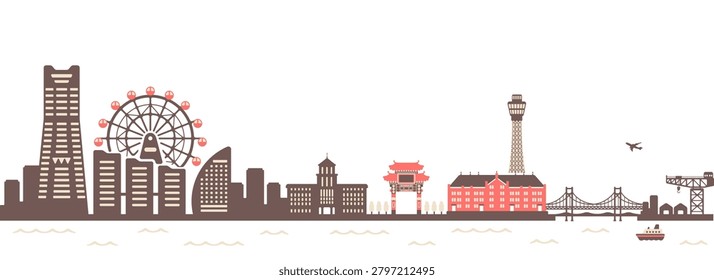 Yokohama Harbor Skyline Silhouette Vector Illustration. Translation: ChinaTown.