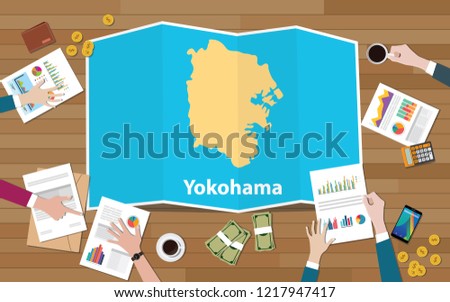 yokohama japan city region economy growth with team discuss on fold maps view from top vector illustration