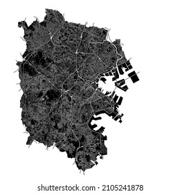 Yokohama, Japan, high resolution vector map with city boundaries, and editable paths. The city map was drawn with white areas and lines for main roads, side roads and watercourses on a black