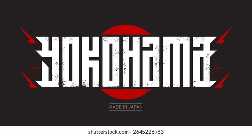 Yokohama - Label or print for t-shirt on dark background. Made in Japan. Original lettering with grunge effect, red sun and lightnings