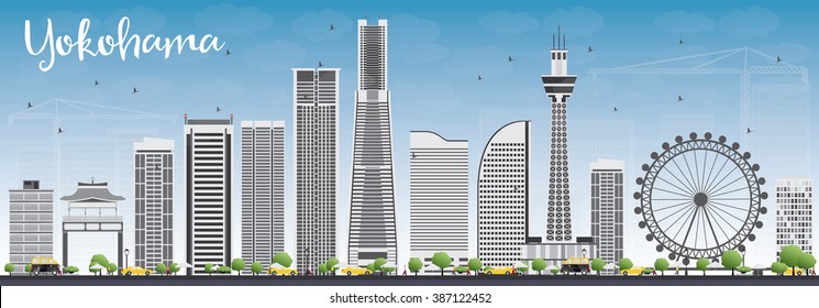 Yokohama Skyline with Gray Buildings and Blue Sky. Vector Illustration. Business and Tourism Concept with Modern Buildings. Image for Presentation, Banner, Placard or Web Site.