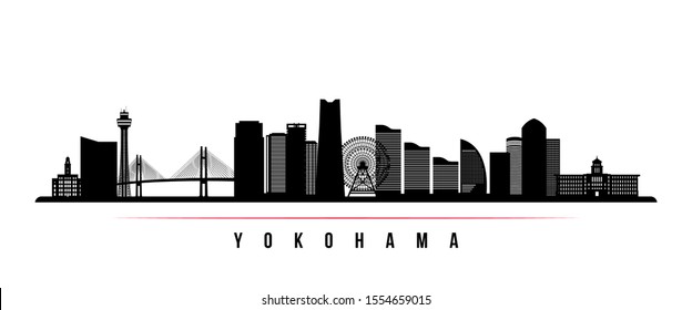 Yokohama skyline horizontal banner. Black and white silhouette of Buenos Yokohama, Japan. Vector template for your design. 