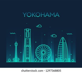 Yokohama skyline, Japan. Trendy vector illustration, linear style