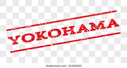 Yokohama watermark stamp. Text caption between parallel lines with grunge design style. Rubber seal stamp with dust texture. Vector red color ink imprint on a chess transparent background.