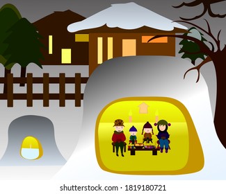 Yokote Kamakura Festival in Japan people eat food in the snow cave