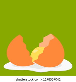 yolk in broken egg shell on green background with copy space; fresh food and healthy growth nutrition concept. vector illustration.