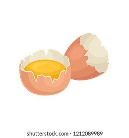 Yolk of chicken egg in broken shell. Fresh and healthy food. Eco product. Ingredient for cooking. Flat vector design