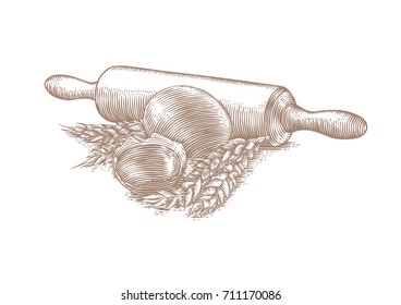 Yolk in the eggshell, egg, wheat spikelets and rolling pin