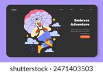 YOLO concept. Adventure seeker parachuting amongst clouds, embodying the thrill of living in the moment. Webpage banner-ready inspiration. Vector illustration.