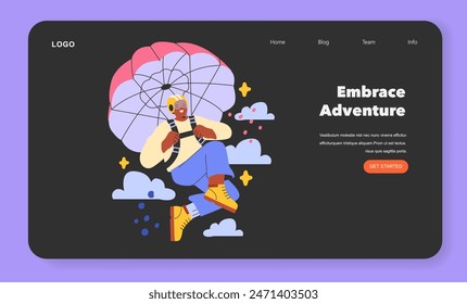 YOLO concept. Adventure seeker parachuting amongst clouds, embodying the thrill of living in the moment. Webpage banner-ready inspiration. Vector illustration.