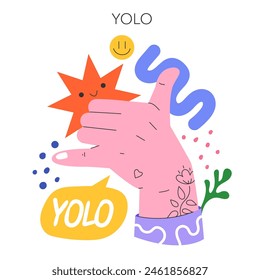 Ilustración del concepto de YOLO que representa una mano juguetona agarrando una estrella, con Elementos caprichosos y una cara sonriente. Vive la vida al máximo. Ilustración vectorial.