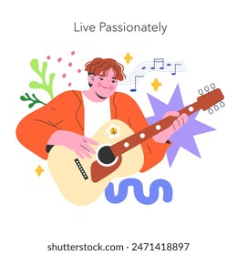 YOLO concept illustration. A joyful person plays the guitar, embracing a zest for life, surrounded by music notes and abstract shapes. Vector illustration.