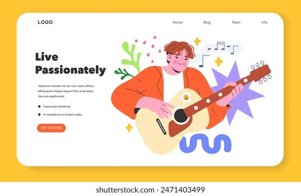 YOLO concept. Joyful character playing guitar with musical notes, embodying living passionately. Carpe diem message on website interface. Vector illustration.