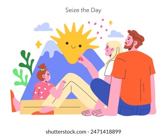 Concepto YOLO. Familia alegre abrazando el momento presente con un sol sonriente caprichoso. Celebrando la vida, niño juguetón, pareja amorosa, fondo de montaña. Ilustración vectorial.