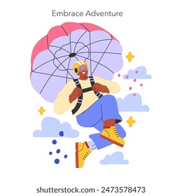 YOLO concept. Joyful skydiver engaging in an exhilarating parachute jump amidst fluffy clouds. Embrace life's adventures. Vector illustration.