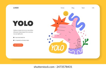 YOLO concept. Playful webpage design featuring a hand holding a star and the acronym YOLO. Call-to-action button integration. Vector illustration.