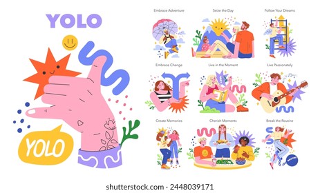 Conjunto de conceptos YOLO. Ilustración de abrazar las aventuras de la vida, vivir apasionadamente y aprovechar los momentos. Fomenta la creación de recuerdos y el seguimiento de sueños. Ilustración vectorial.