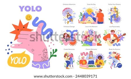 YOLO concept set. Illustration of embracing life's adventures, living passionately, and seizing moments. Encourages creating memories and following dreams. Vector illustration.