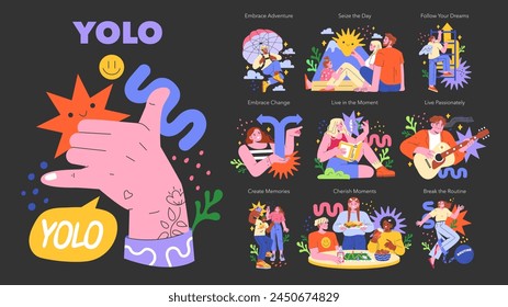 YOLO concept set. Illustrations capturing the essence of living fully, embracing change, and seizing moments. Joyful activities depicted in vibrant colors. Vector illustration.