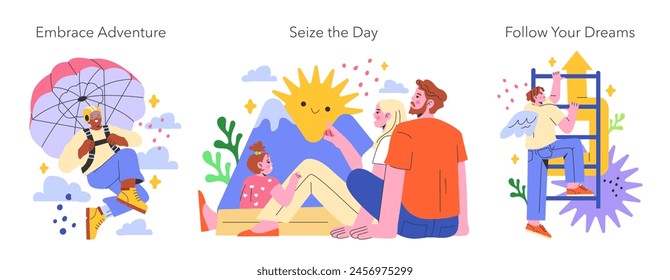 YOLO concept set. Inspiring scenes of individuals embracing life through parachute jump, sunbathing, and ladder climbing. Live boldly and carefree moments concept. Vector illustration.