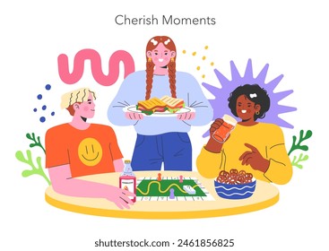 YOLO concept. Three friends enjoying snacks and playing a board game, celebrating the joy of living. Friendship, leisure, and fun. Vector illustration.