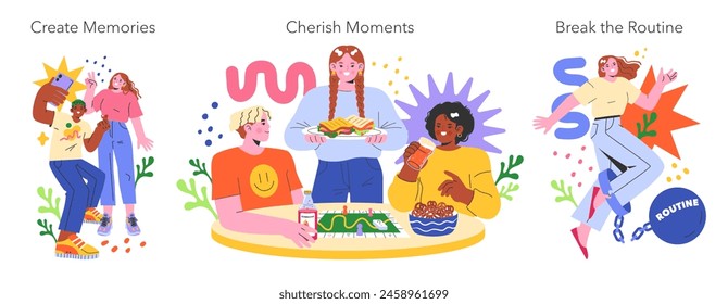 YOLO set. Illustration portrays making memories, appreciating time together, and escaping monotony. Friendly gatherings, joyful interactions, life's simple pleasures. Vector illustration.