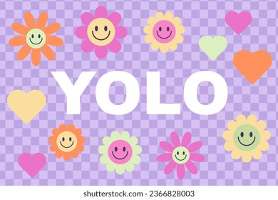 "YOLO" Y2K frase en letras estilizadas sobre fondo violeta claro con flores y corazones. Significa Que Sólo Vives Una Vez. Diseño retro de impresión Y2K. Vector 90s, ilustración estética de los años 2000