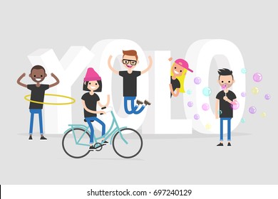 YOLO. You only live once. A group of active teenagers standing near the 3D letters. Conceptual illustrated 3d sign / editable flat vector illustration, clip art