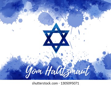 Yom HaAtzmaut - Israel Independence Day. Abstract watercolor paint splashes flag of Israel. Template for holiday background, banner, poster, invitation, etc