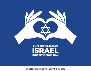 Yom Ha'atzmaut Israel Independence Day poster vector illustration. Hand heart Israel flag icon vector. Hand heart love gesture with Israeli flag symbol. Palm of hand in heart shape. Important day