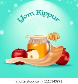 Yom Kippur banner or poster design, apple slice, pomegranate, dripper with honey jar and shofar horn on glossy blue blur background