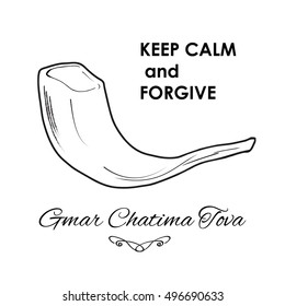 Yom Kippur. Yom Kippur card. Keep Calm and Forgive Gmar Chatima Tova. Yom Kippur Jewish Holiday poster with shofar - horn. G'mar Hatima Tova script, Yom Kippurim. Rosh Hashana, Sukkot Israel Jerusalem