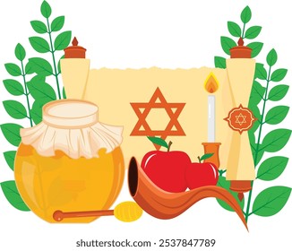 Decoración Yom kippur. Plantilla de diseño de elementos para vacaciones judías yom kippur, festival de luces hanukkah, rosh hashanah y años nuevos judíos con libro sagrado judío, miel, manzana y shofar.