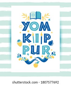 Yom Kippur greeting card with candles, apples and shofar and sybols. Jewish holiday background. Vector illustration on white.