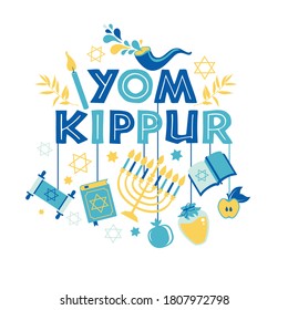 Yom Kippur greeting card with candles, apples and shofar and sybols. Jewish holiday background. Vector illustration on white. Translation in Enhlish of atonement day.