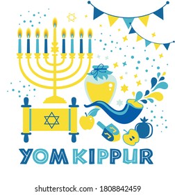 Yom Kippur greeting card with candles, apples and shofar and sybols. Jewish holiday background. Vector illustration on white. Translation in Enhlish of atonement day.