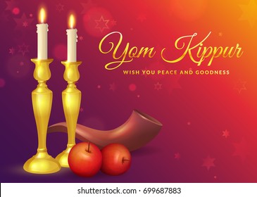 Yom Kippur greeting card with candles, apples and shofar. Jewish holiday background. Vector illustration.