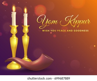 Yom Kippur greeting card with candles and shofar. Jewish holiday background. Vector illustration.