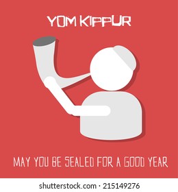 Yom Kippur greeting card. Man blowing horn on red background. Vector illustration.