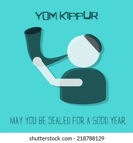 Yom Kippur greeting card. Man blowing horn on blue background. Vector illustration. 