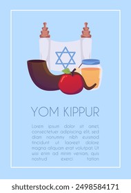 Yom Kippur greeting card with scroll with star of David, apple, honey and horn. Day of Atonement in Judaism. Holiday poster vector design with Jewish festival traditional symbols