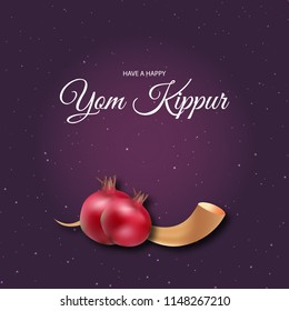 Yom Kippur greeting card and template design illustration with pomegranate and shofar. Vector poster illustration.