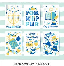 Yom Kippur greeting set cards with candles, apples and shofar and symbols. Jewish holiday background. Vector illustration on white. Translation in Enhlish of atonement day.